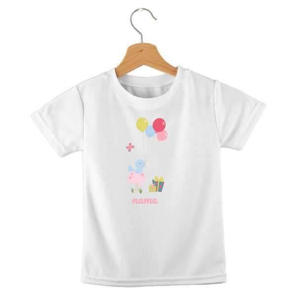 short sleeve t-shirt birthday girl bird with balloons